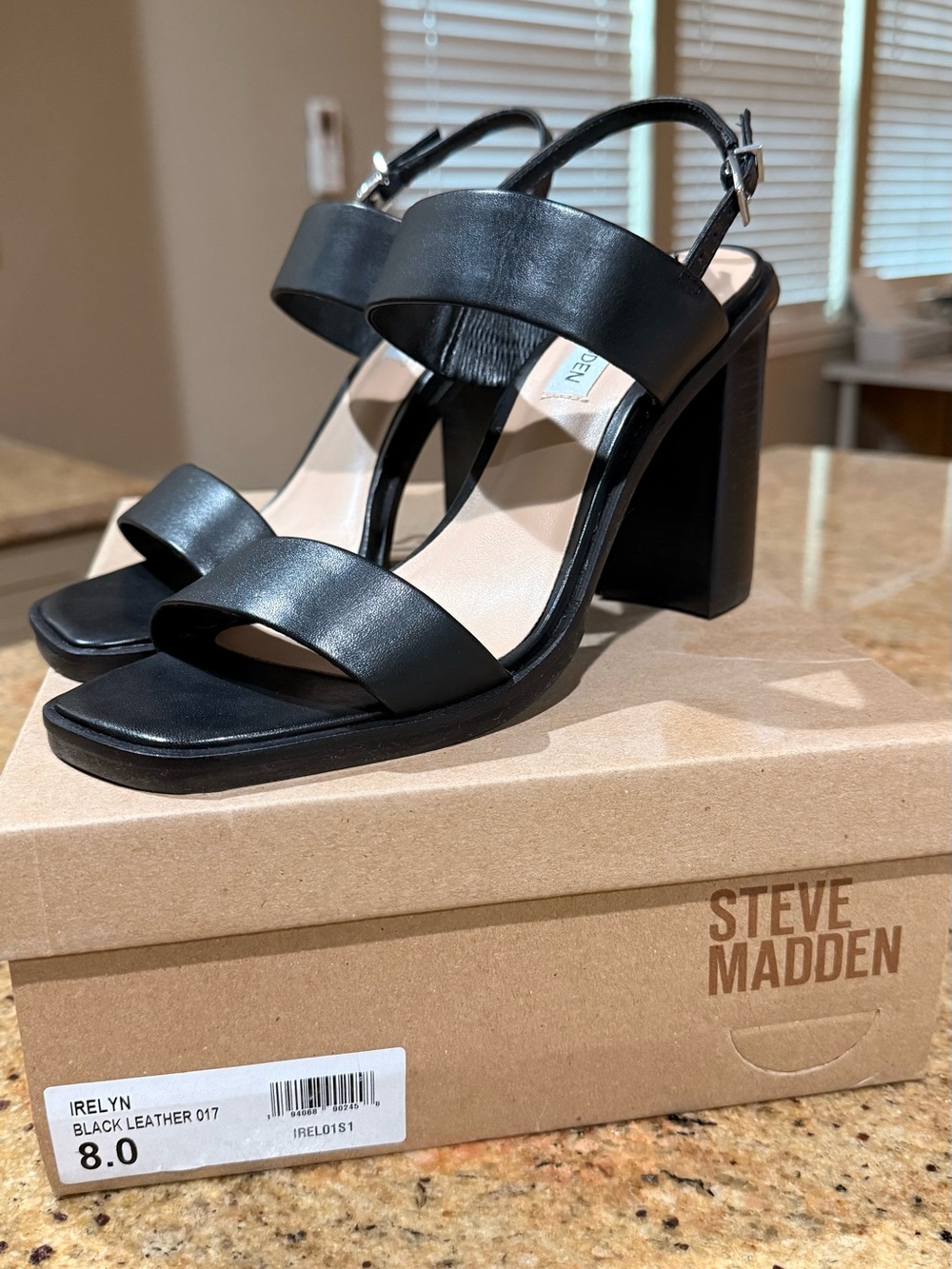 Steve Madden Black Leather Block Heel Sandals
